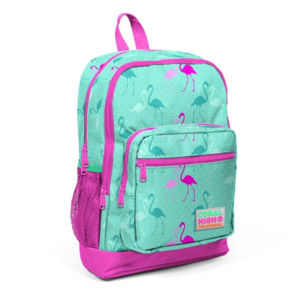 Ghiozdan cu 4 compartimente, Coral High, turcoaz cu flamingo