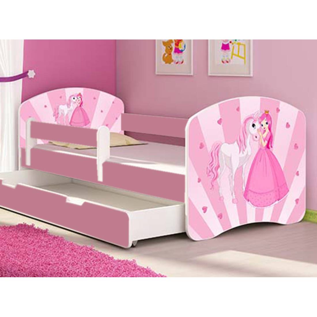 Patut tineret mykids poney-princess cu sertar si saltea 160x80 cm