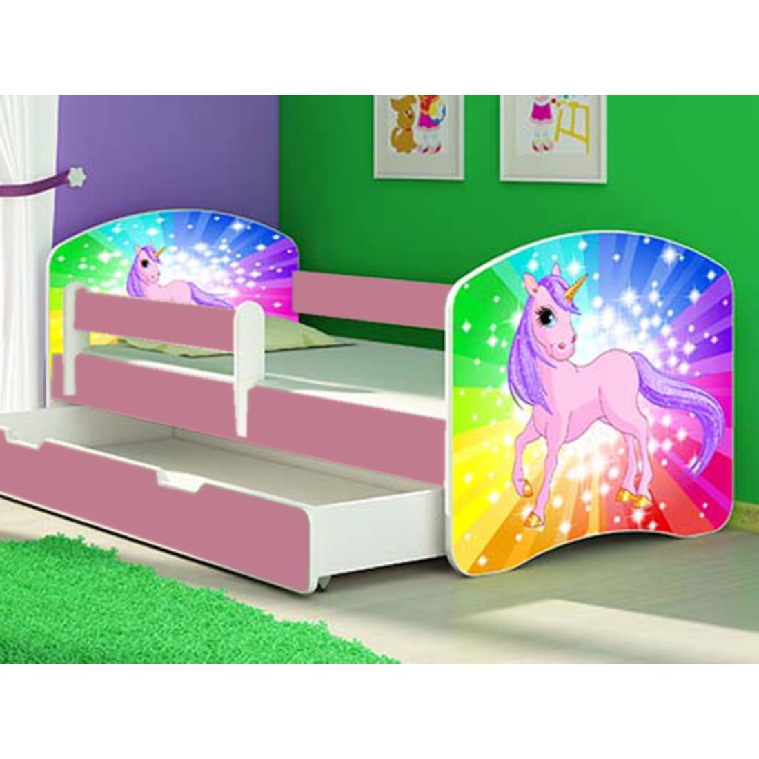 Patut tineret mykids rainbow unicorn cu sertar si saltea 140x70 cm
