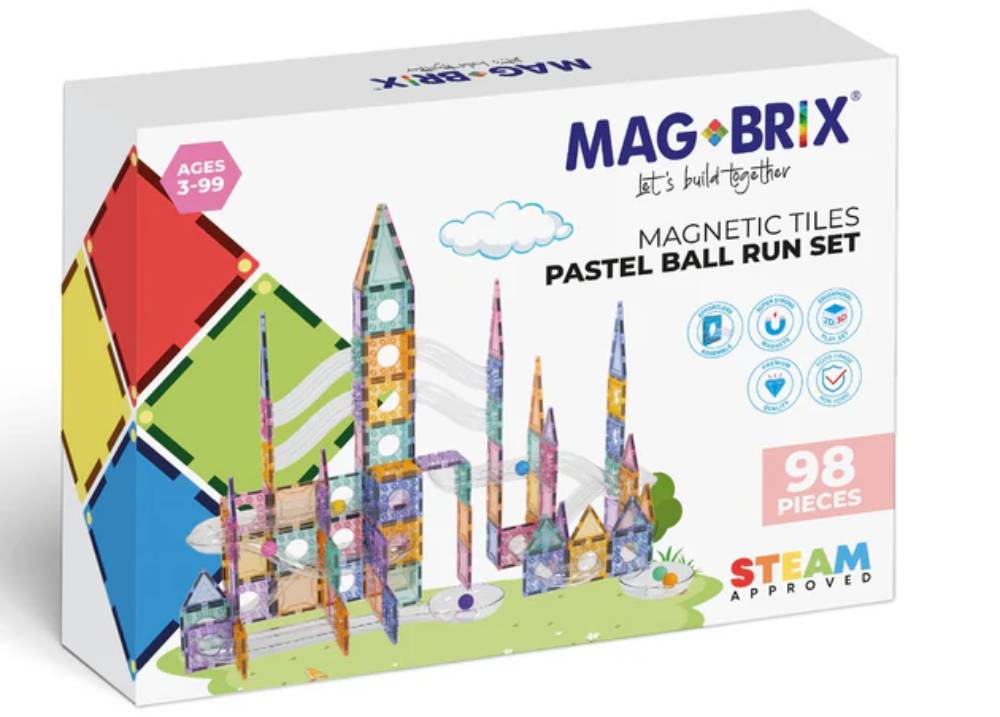 Set magnetic de constructie, Magblox, Circuit cu bile pastel, Magbrix Marble Run, 98 piese