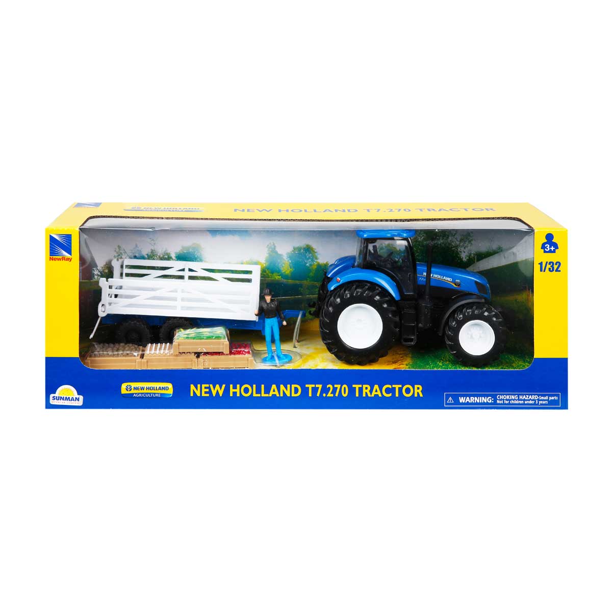 Tractor cu remorca si figurina, New Ray, New Holland T7.270, 1:32