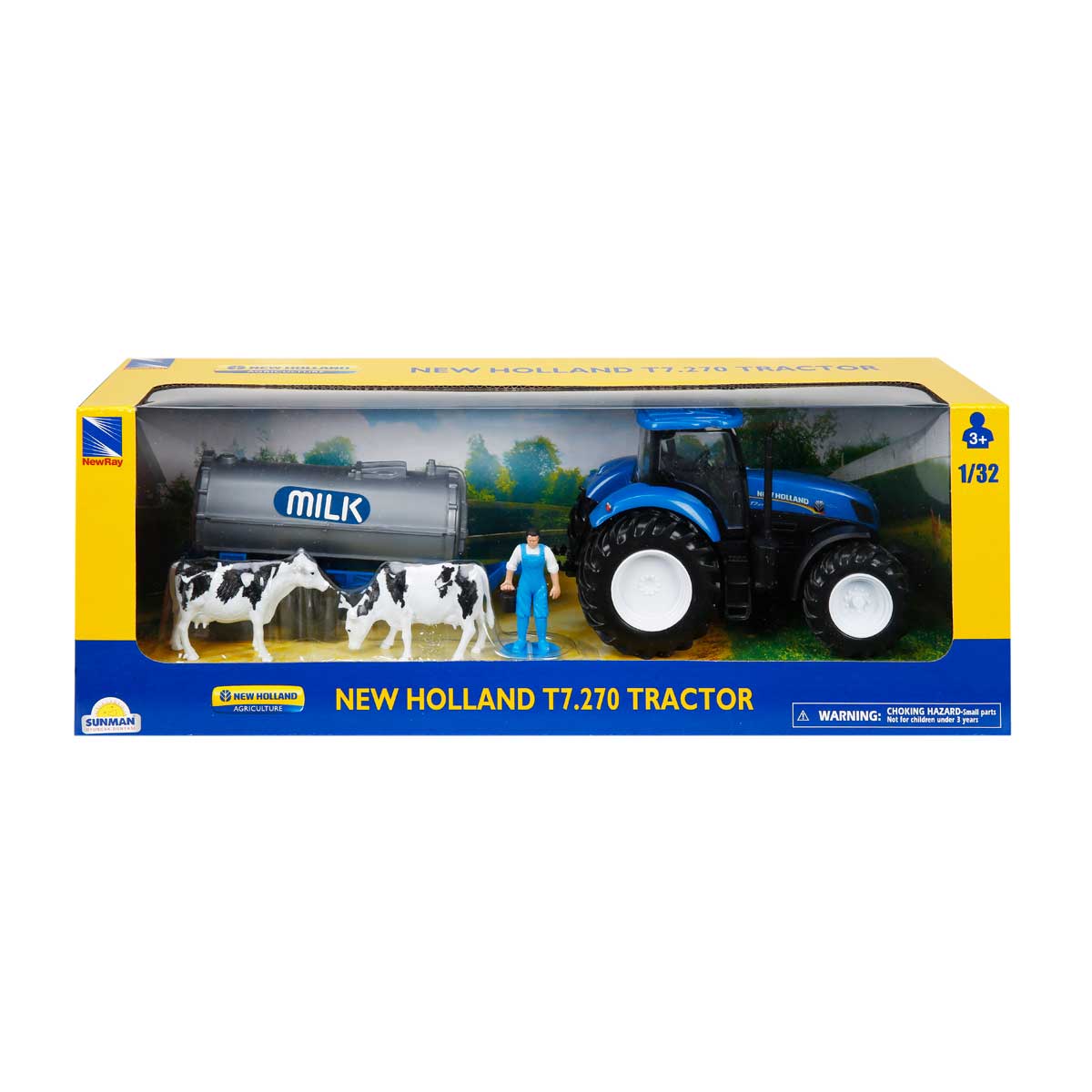 Tractor cu rezorvor de lapte si figurina, New Ray, New Holand T7.270, 1:32