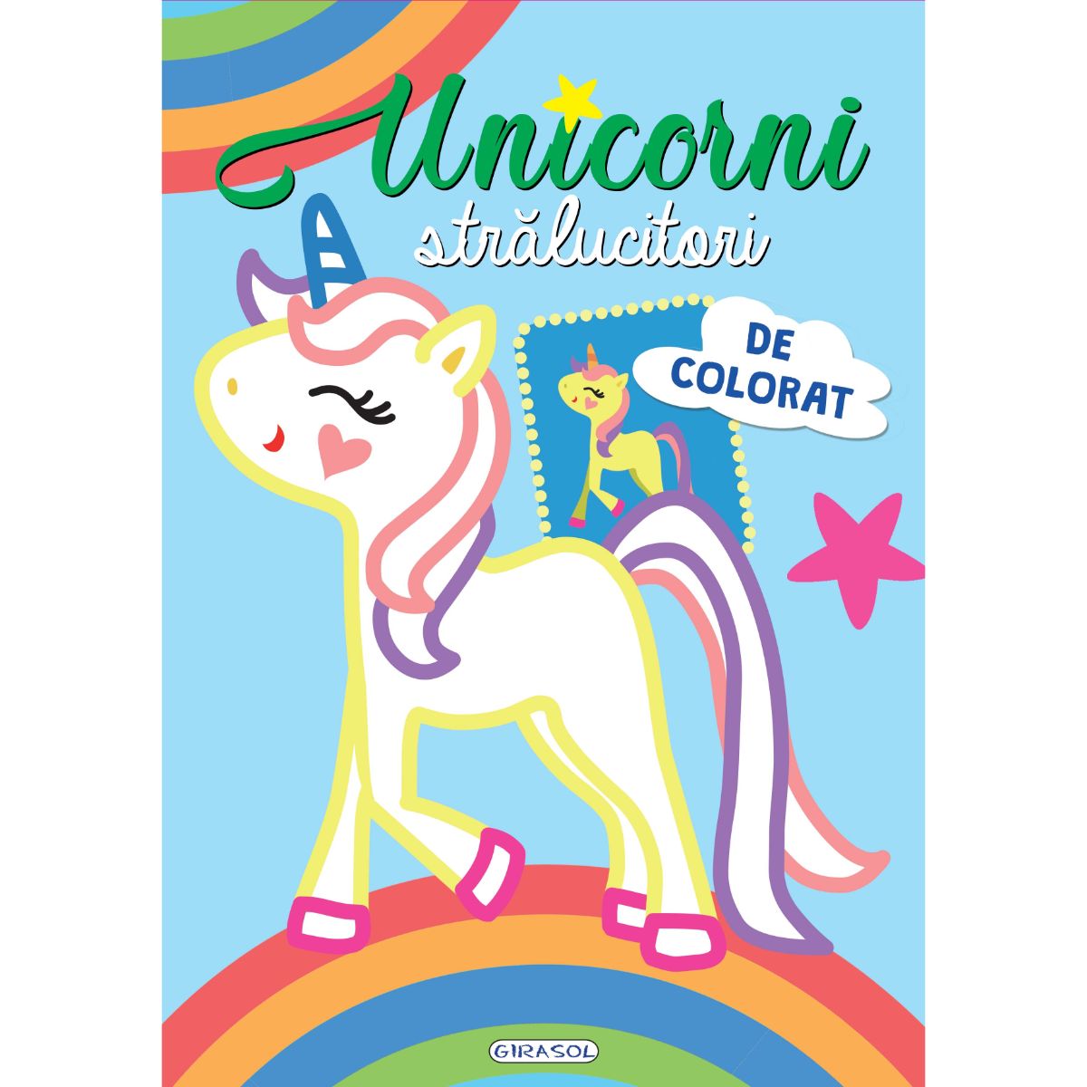 Carte de colorat, Girasol, Unicorni stralucitori, bleu