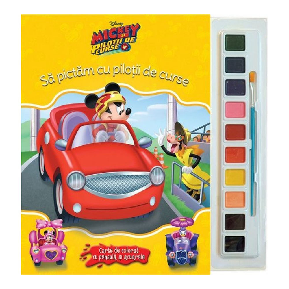 carte de colorat cu pensula si acuarele disney mickey - sa pictam cu pilotii de curse