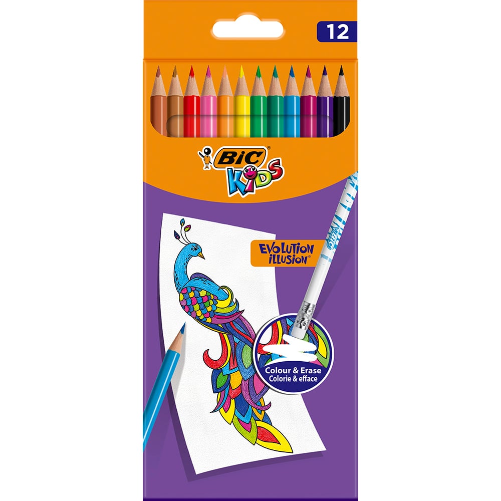 Creioane colorate cu guma de sters Evolution Illusion Bic, 12 culori Bic imagine 2022