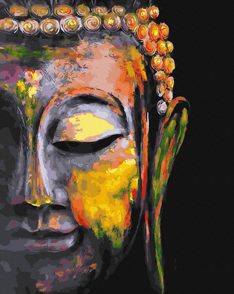 Set Acuarello, Pictura pe numere, Buddha, cu rama din lemn, pensule si culori acrilice