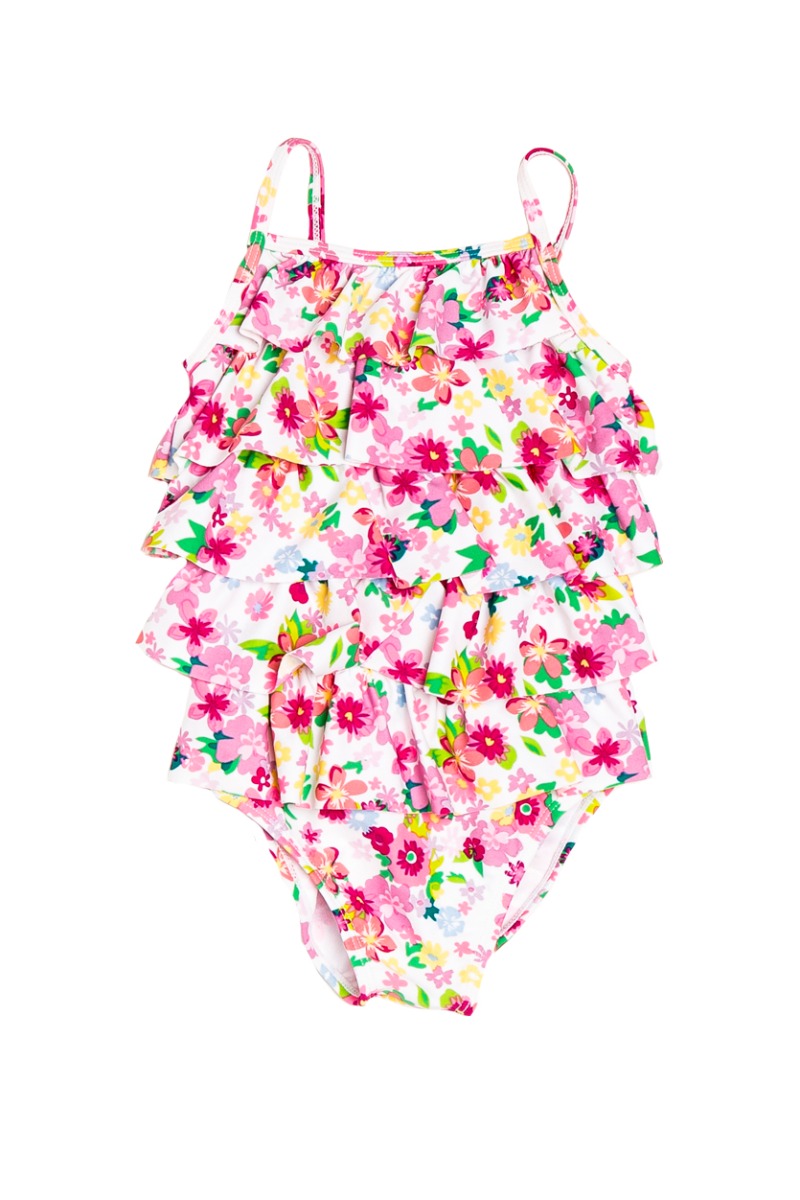 costum baie fete cu imprimeu floral si volane minoti