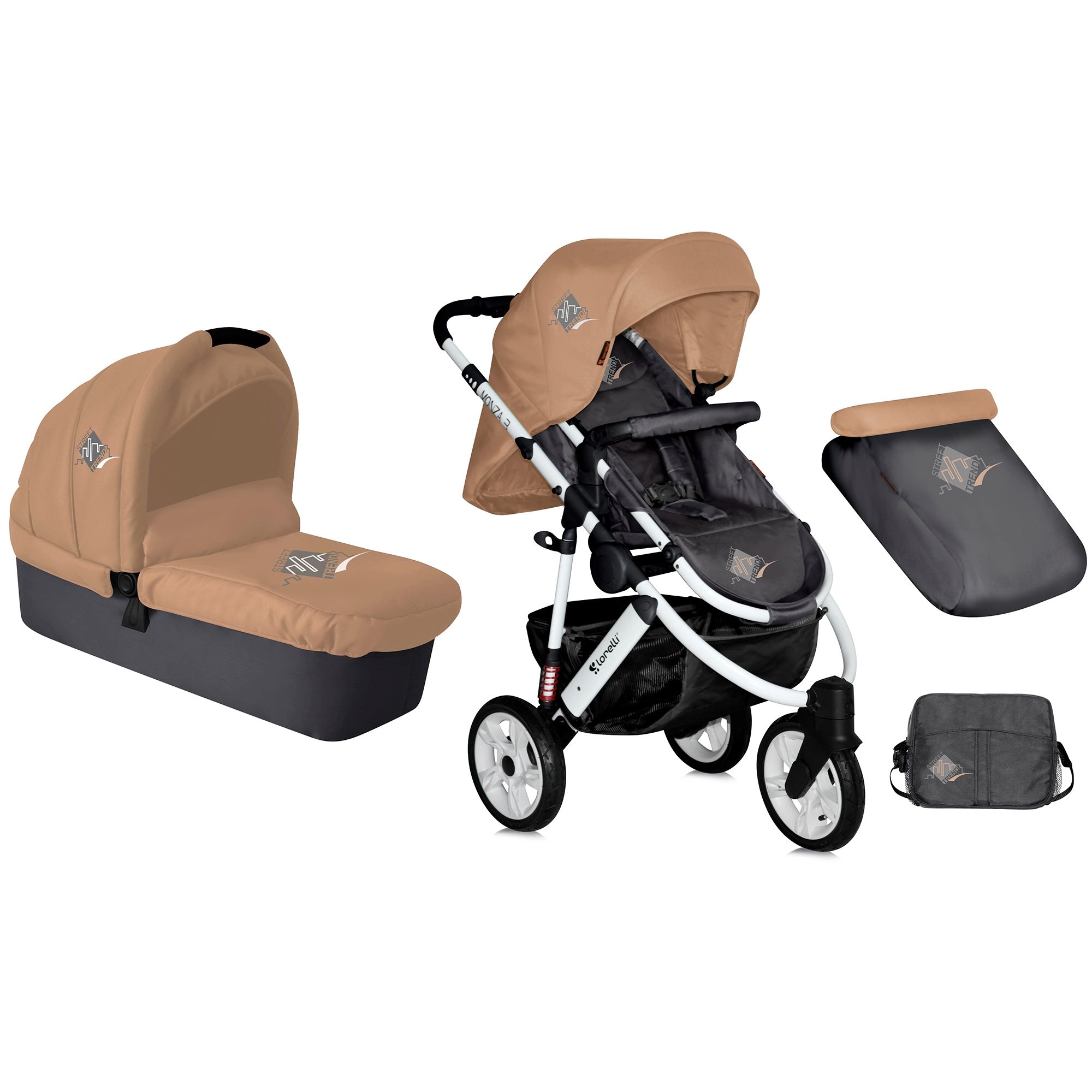 carucior 2 in 1 lorelli premium monza 3 air wheels - beige & grey