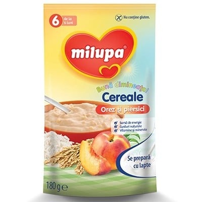 Cereale milupa buna dimineata cu orez si piersici, 180g