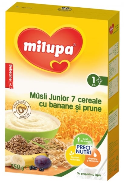 Cereale Milupa Musli Junior 7 cereale cu banane si prune, 250g Milupa imagine noua