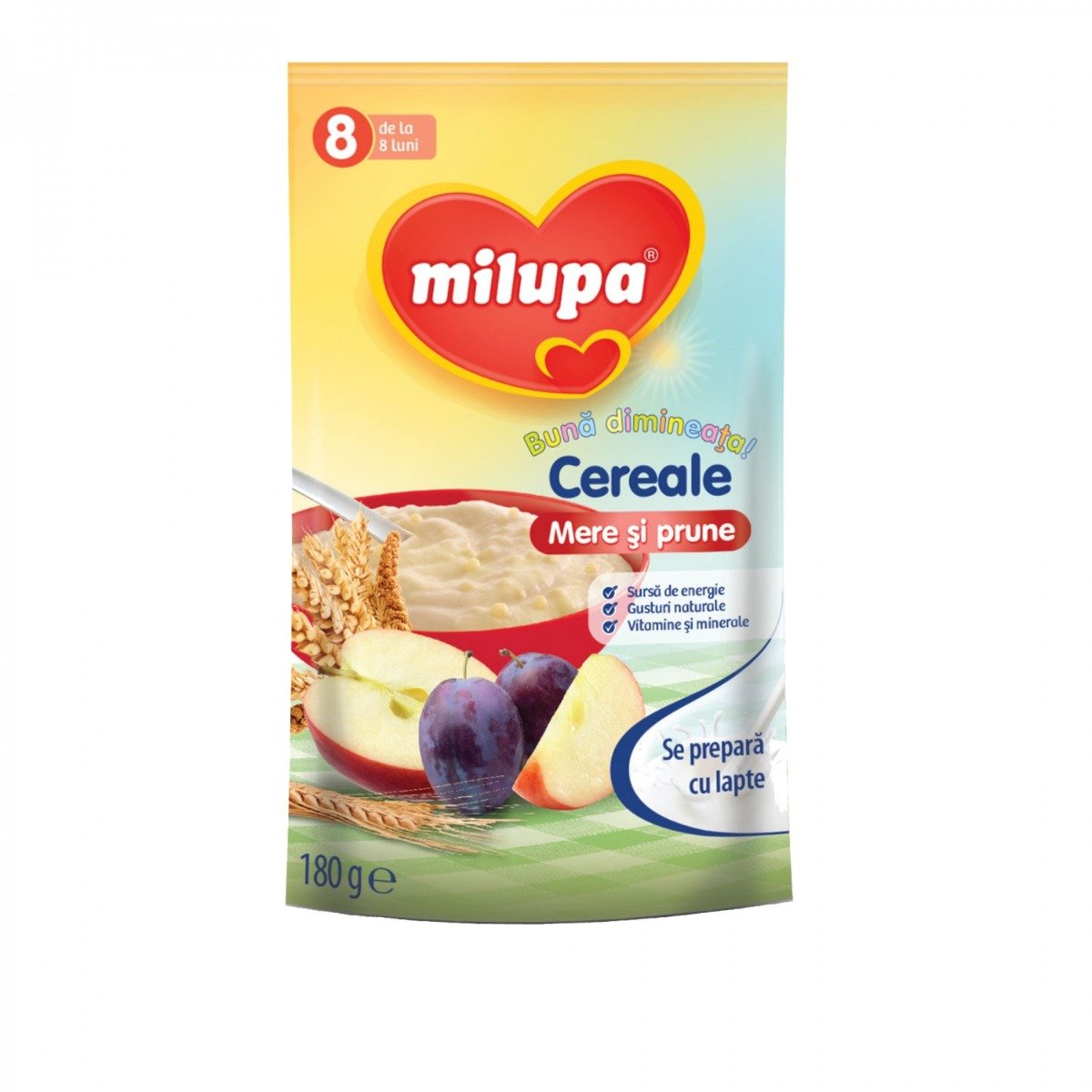 Cereale fara lapte Milupa Buna dimineata, Mere si Prune, 180g, 8 luni+