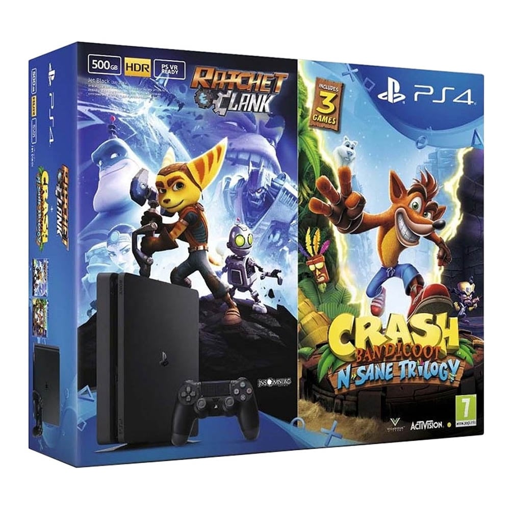 consola sony playstation 4 (ps4) slim, 500gb, 8gb ram + ratchet & clank + crash bandicoot