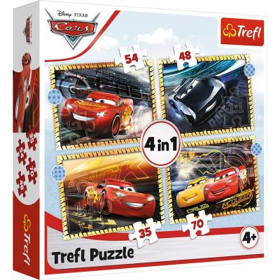 TF34608_001w 5900511346084 Puzzle 4 in 1, Trefl, Pe locuri, fiti gata, start, Disney Cars 3 (35, 48, 54 si 70 piese)