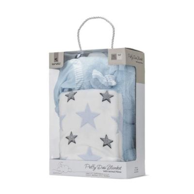 Set 2 piese, Lorelli, paturica moale 90 x 75 cm, pernuta in forma de ursulet 45 x 30 cm, Poffy, Blue