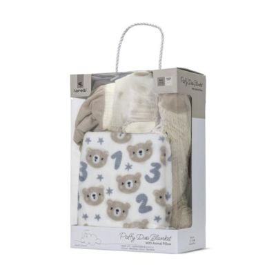 Set 2 piese, Lorelli, paturica moale 90 x 75 cm, pernuta in forma de ursulet 45 x 30 cm, Poffy, Beige