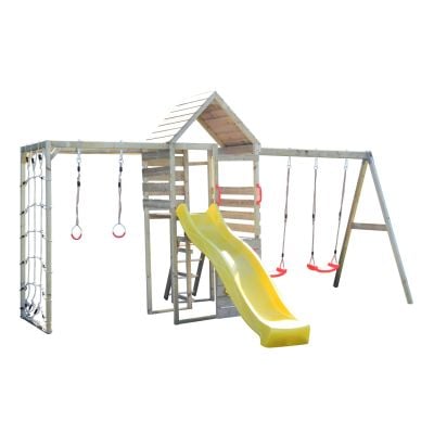 Turn de joaca cu 2 platforme, Wendi Toys, panou de catarare, tobogan, leagan dublu si modul de gimnastica
