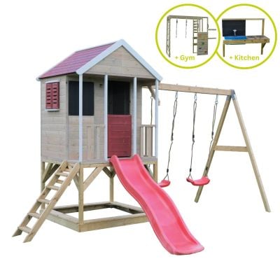 Casuta Wendi Toys Summer Adventure House, cu loc pentru nisip, tobogan, leagan dublu, modul sport, bucatarie