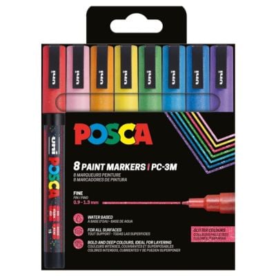 Set markere Posca, UNI PC-3ML, 0.9-1.3 MM, cu sclipici, 8 culori