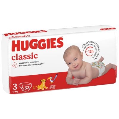 Scutece Huggies, Classic Jumbo, Nr 3, 4-9 kg, 52 buc