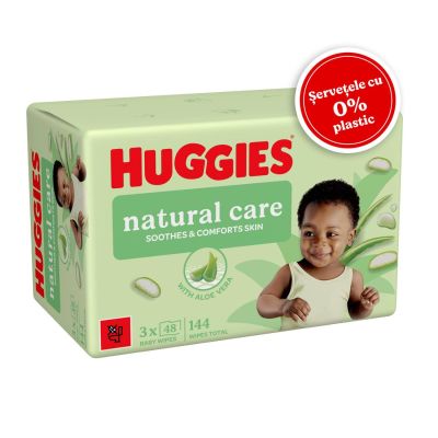 Servetele umede Huggies, BW Natural Care, zero plastic, Triplo, 3 x 48 buc