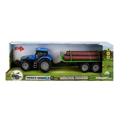 S00002681 Tractor albastru cu remorca lemne 8680863026816 Tractor albastru cu remorca cu lemne, cu lumini si sunete, Maxx Wheels, 44 cm