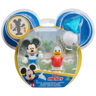 Adauga la colectia ta de figurine Disney si setul cu Mickey Mouse si Donald Duck, amandoi imbracati in echipament sportiv si gata de fotbal. Setul contine:- 2 figurine;- accesorii.Dimens