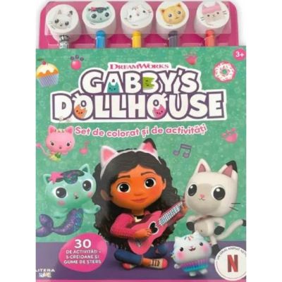Gabbys Dollhouse, Set de colorat si de activitati, 30 de activitati cu 5 creioane si gume de sters