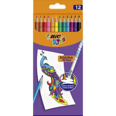 987868_001w 3086123570894 Creioane colorate cu guma de sters Evolution Illusion Bic, 12 culori
