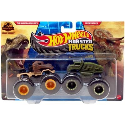 Set 2 masini Monster Truck, Hot Wheels, Jurassic World, Theory T Rex & Triceratops, JCC72