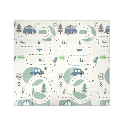 Covoras de joaca termic, Lorelli, din spuma XPE, design cu doua fete, pliabil, impermeabil, 180 x 200 cm, Funny City and Stars