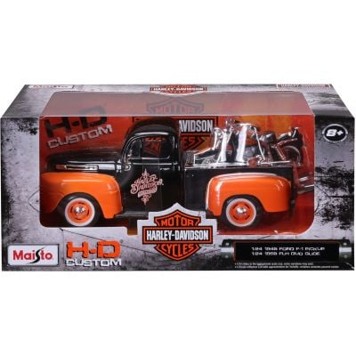 Set masina si motocicleta, Maisto, H-D Custom, 1948 Ford F1 Pick Up si 1958 FLH Duo Glide, 1:24