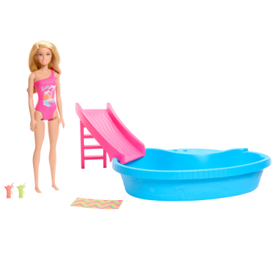 N000HRJ74_001w 194735178285 Set de joaca cu papusa Barbie, piscina cu tobogan si accesorii, HRJ74