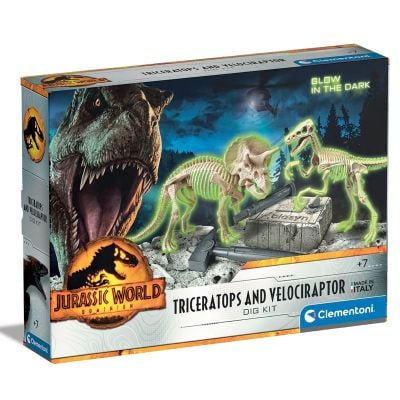 Kit arheologic, Clementoni, Glow in the Dark, Triceratops si Velociraptor