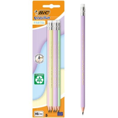 N01074771_001w 3086123747715 Set 5 creioane grafit cu radiera si mina Hb, Bic, Evolution Pastel