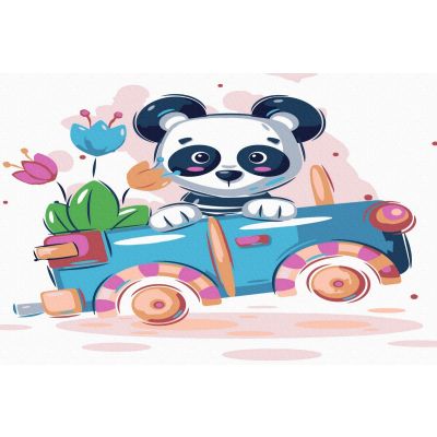 CX4864_001 725765335005 Set Acuarello, Pictura pe numere, Panda in masinuta, cu rama din lemn, pensule si culori acrilice