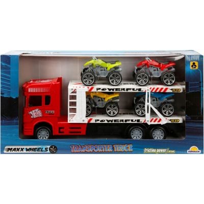 S00002324  Camion Rosu cu ATV 8680863023242 Ttransportator rosu cu 2 niveluri si 4 ATV, Maxx Wheels, 1:32, 32 cm