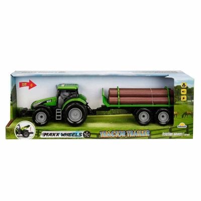 S00002681 Tractor verde cu remorca lemne 8680863026816 Tractor verde cu remorca cu lemne, cu lumini si sunete, Maxx Wheels, 44 cm