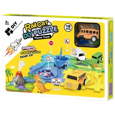 Set de joaca vehicul si circuit tip puzzle, Rail Car Diy Puzzle, 18 piese