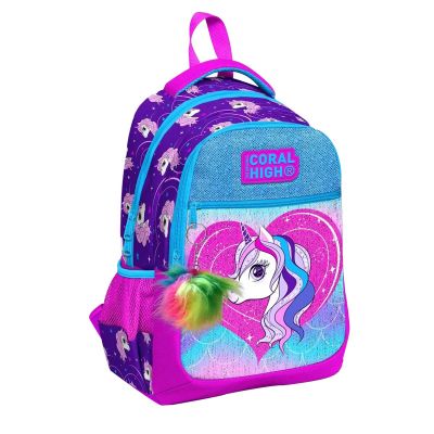 T00023492_001w 8692182234926 Ghiozdan cu 3 compartimente, Coral High, model unicorni si inimioara