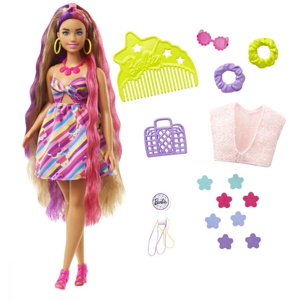 Papusa Barbie cu par lung si accesorii, Totally Hair Flowers