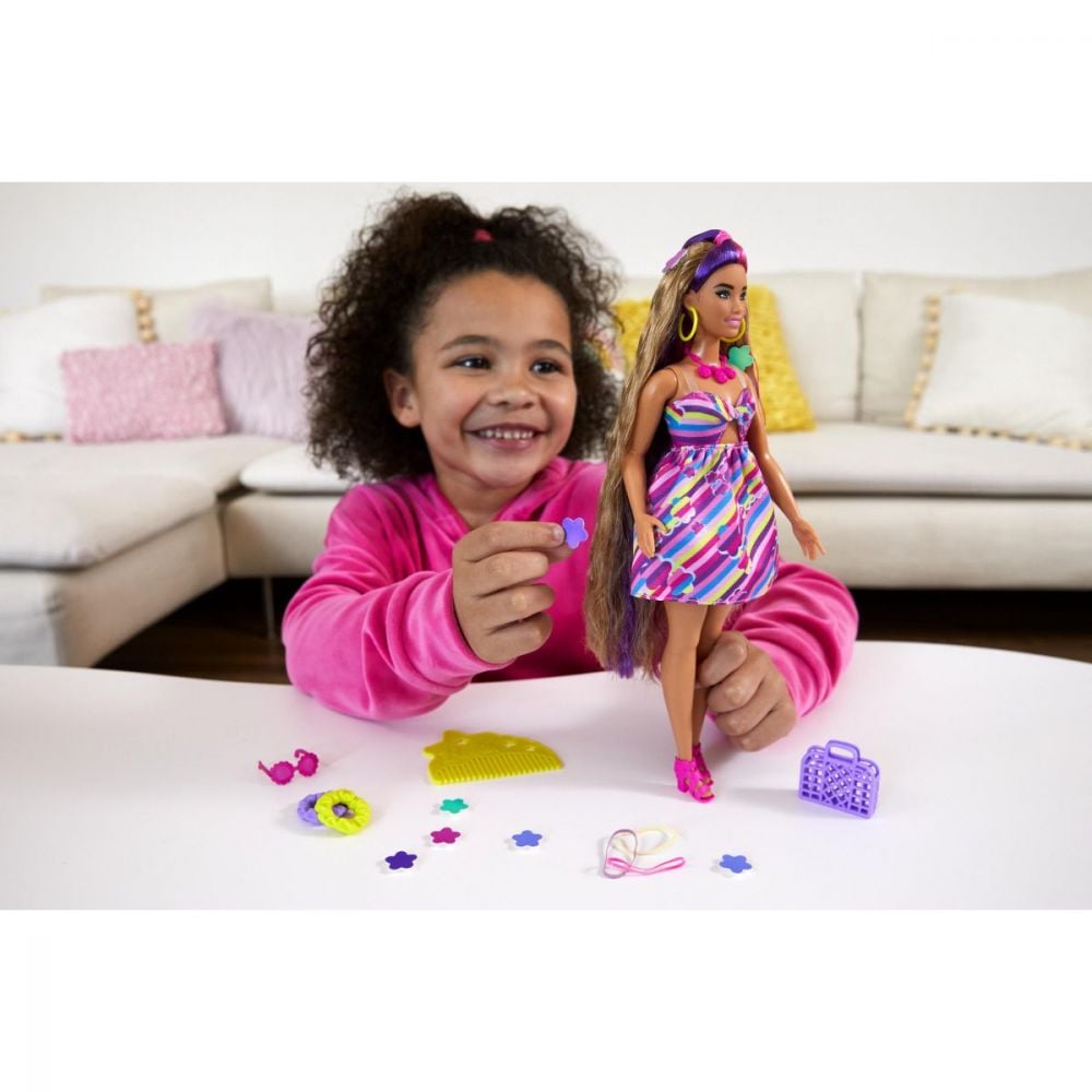 Papusa Barbie cu par lung si accesorii, Totally Hair Flowers