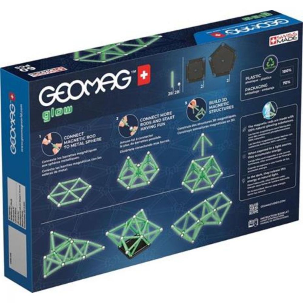 Joc magnetic de constructie, Geomag, Glow recycled, 60 piese