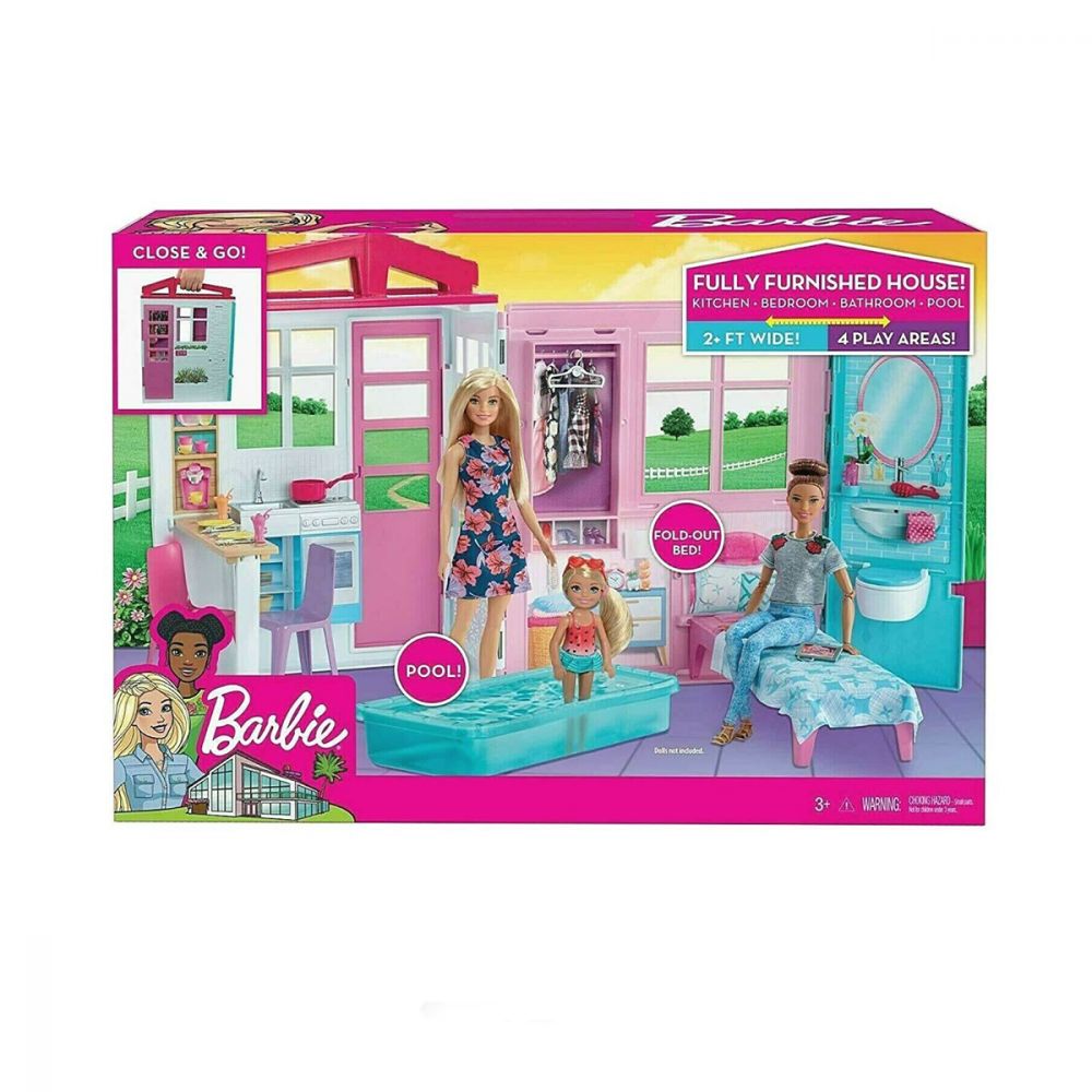 Set casuta de papusi, Barbie, cu piscina, 46 x 32 cm