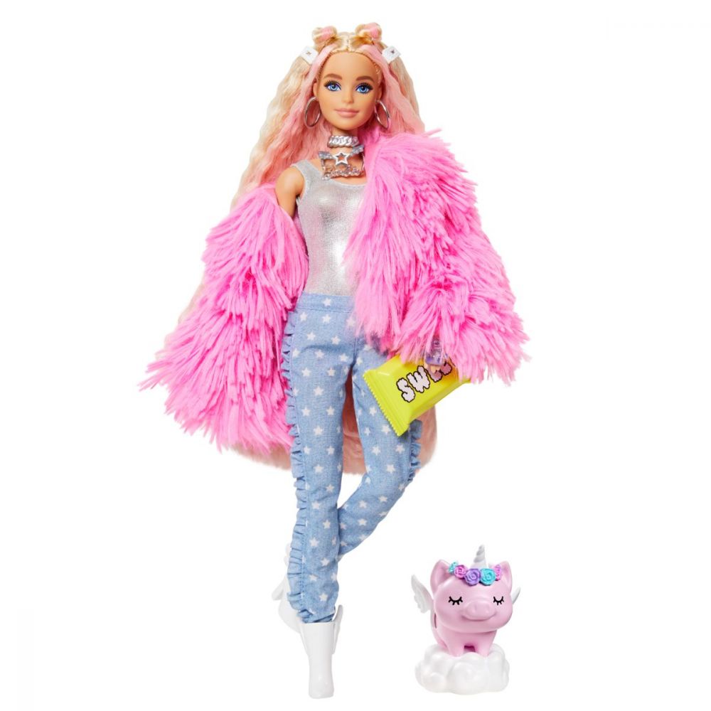 Papusa Barbie, Extra Style, Fluffy Pink Jacket, 30 cm