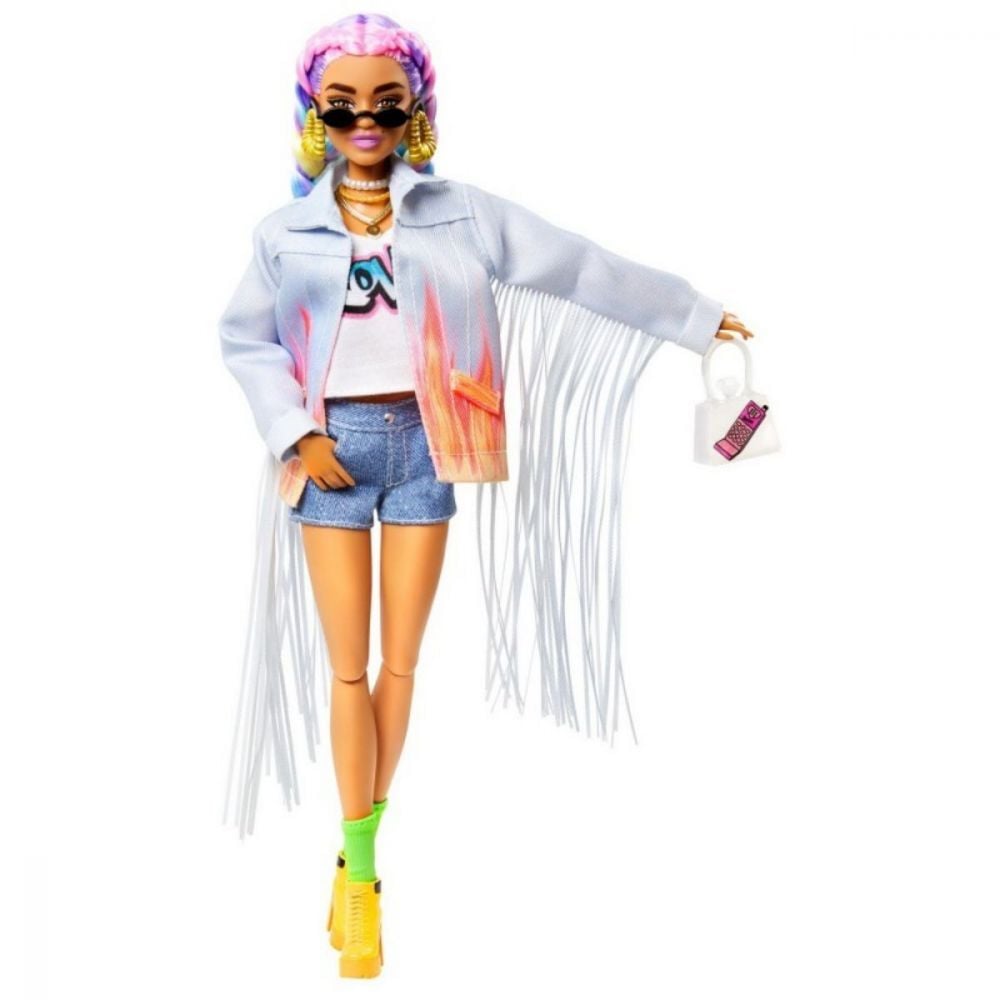 Papusa Barbie, Extra Style, Codite curcubeu, 30 cm