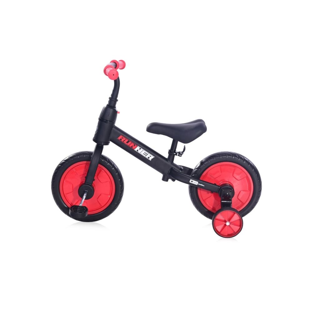 Bicicleta de echilibru, 2 in 1, cu pedale si roti auxiliare, Lorelli Runner, Black Red