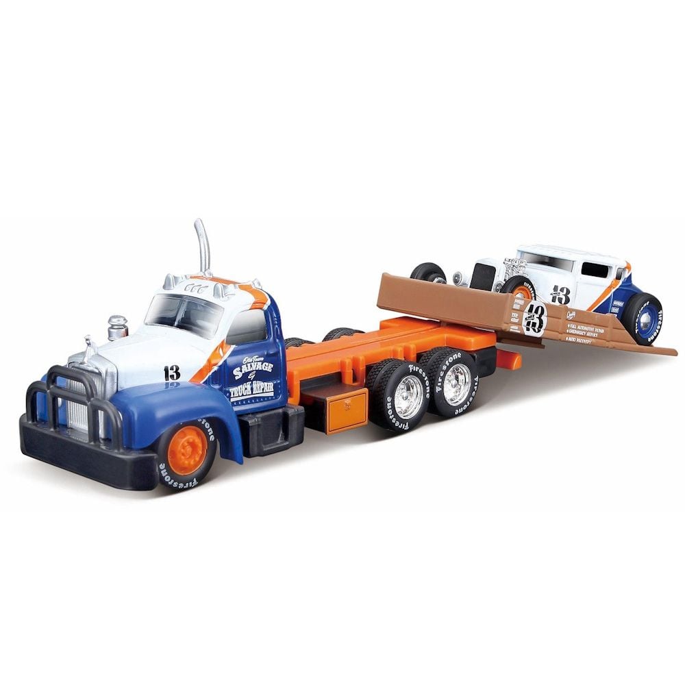 Transportor si masinuta Maisto Design, Elite Transport, 1953 B-61 Mack Flatbed si 1929 Ford Model A, 1:64