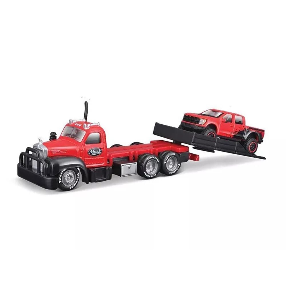 Transportor si masinuta Maisto Design, Elite Transport, 1953 B-61 Mack Flatbed si 2021 Ford Raptor, 1:64