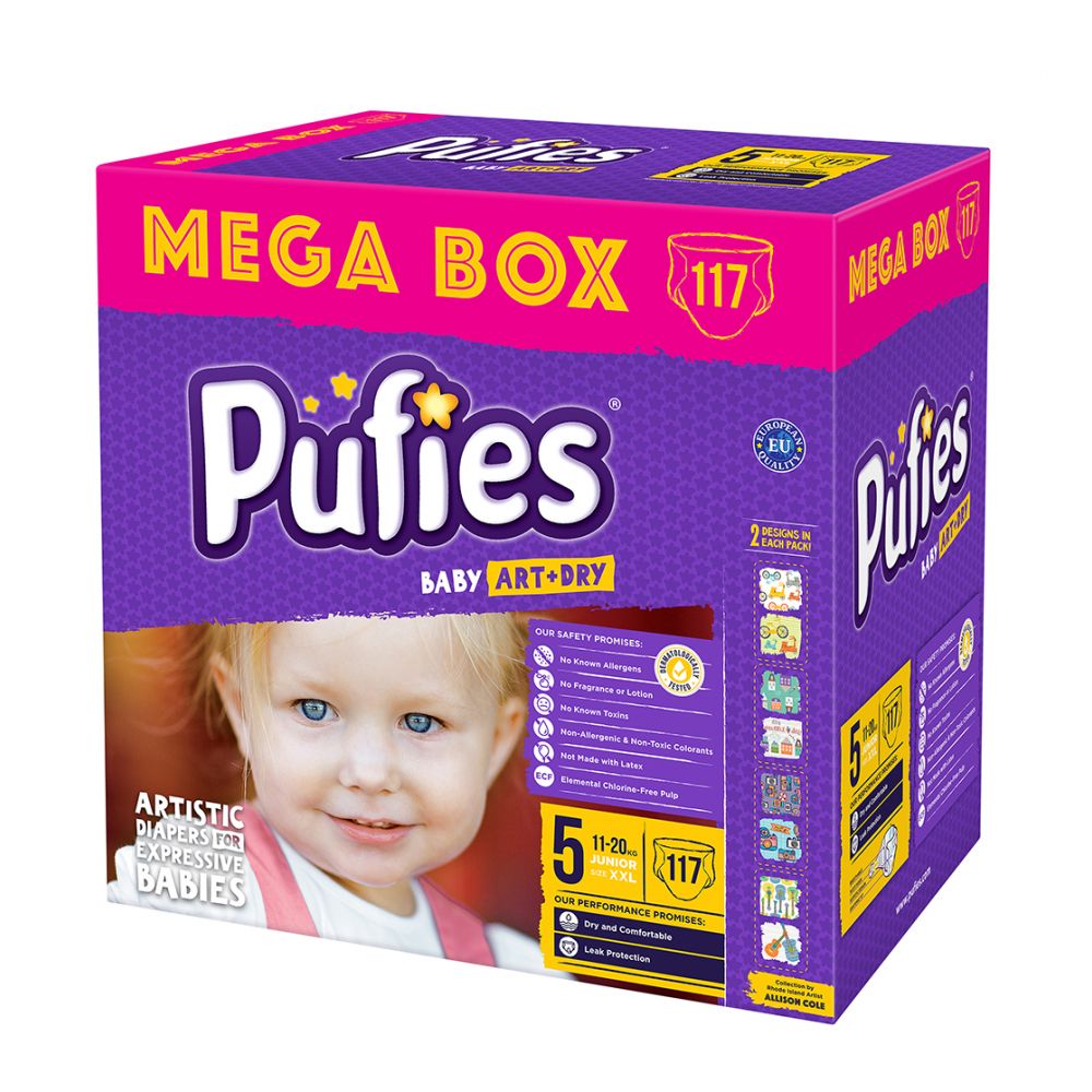 Scutece Pufies Baby ArtDry Mega Box Junior 5, 117 buc, 11-20 kg