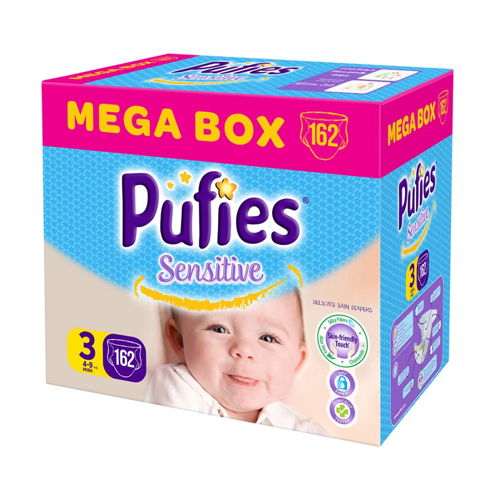 Scutece Pufies Sensitive Mega Box Midi 3, 162 buc, 4-9 kg